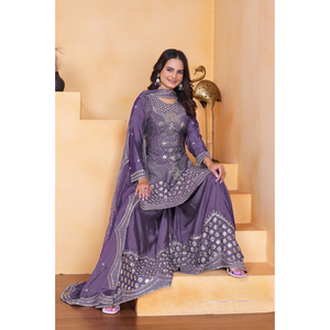Exclusive chinon silk embroidered salwar suit set with <b>sequins</b> work <b>top</b> palazzo dupatta stitched ethnic festive wear - Product Image 4