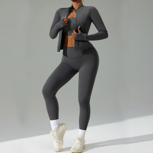 Ensemble de yoga uni pour femme, 2 pièces, col roulé, legging taille haute et crop top, sans couture, en Spandex et Polyester, tenue d'entraînement longue - Product Image 4