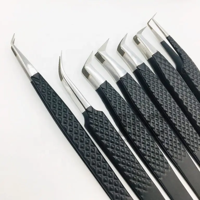 Black With Silver Point Eyelash Extension Tweezers Fiber Tip Customize Tweezers Stainless Steel Lash Tweezers Own Logo Accept