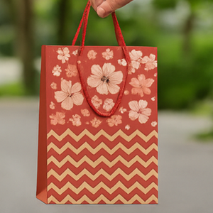 Wholesale Floral Printed <b>Paper</b> Gift Bags with Rope Handles <b>Red</b> Chevron Pattern Shopping Bags for Boutique Retail Packaging - Product Image 1