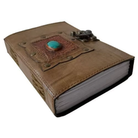 Journal de voyage vintage fait main en cuir véritable gaufré, relié avec pierres précieuses, thème religieux, motif Ombres de livre et Pierre de charbon