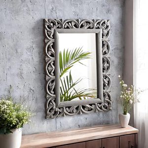 Distressed Grey Wooden Handmade LED <b>Wall</b> <b>Mirror</b> <b>Rectangular</b> Decorative Carved French Country Style for Home Entryway Bedroom - Product Image 1