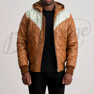 เสื้อแจ็คเก็ตหนังสองสี แทนและขาว แบบพัฟเฟอร์  บุผ้าแบบไดมอนด์ควิลท์ มีฮู้ด  เสื้อโค้ทกันหนาวบุใยอุ่น  เสื้อแจ็คเก็ตบอมเบอร์ - Product Image 1