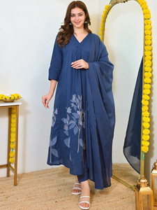 <b>Women</b> Blue Floral Embroidered Rayon <b>Kurta</b> Set Dupatta Regular Fit Knee-Length Traditional Style Quick Dry Multi-Season Casual - Product Image 3