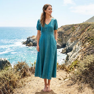 Vestido Midi de Algodón Orgánico Vintage, Transpirable, Teñido Liso, Hecho a Mano, con Lazo, Cuello en V, Manga Corta, Cintura Alta, Casual, para Playa - Product Image 1