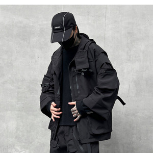 Veste en toile à capuche pour homme style punk - Coupe-vent multi-poches Techwear avec fermeture éclair à boucle, finition noire - Product Image 2