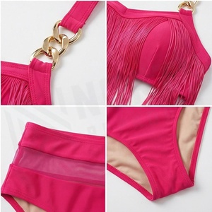 Conjunto de bikini rosa de dos piezas con top corto con borlas y pantalones de cintura alta, traje de baño para mujer - Product Image 4