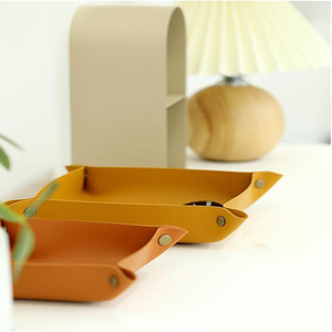 Organisateur de bureau en cuir véritable marron avec compartiment de rangement au design moderne pour clés, pièces de monnaie, bijoux, plateau en cuir - Product Image 4