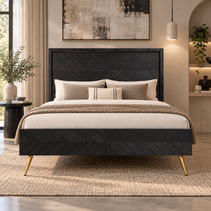 Wooden Platform <b>Bed</b> <b>Frame</b> <b>With</b> Textured Chevron Panel Design, Modern <b>Headboard</b> And Footboard For Stylish Bedroom Furniture - Product Image 4