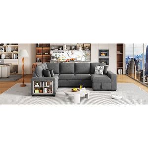 Divano Sezionale a U da 277 cm con Letto Estraibile, Due Porte USB, Chaise Longue con Vano Contenitore e Quattro Cuscini per il Soggiorno - Product Image 3