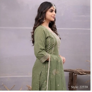 Ensemble de salwar kameez vert olive brodé pour femmes, tenue ethnique de créateur, pantalon et dupatta, robe de soirée pour mariage - Product Image 2