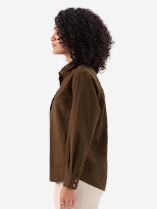 Camisa de Mujer Verde Oliva con Botones, Manga Larga, Color Sólido, Blusa Casual, Corte Regular, Tela Popelina, para Todas las Temporadas - Product Image 2