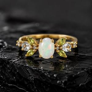 Vintage Yellow Gold Plated 925 <b>Silver</b> Opal Peridot Aquamarine Cluster Floral Gemstone <b>Ring</b> for <b>Women</b> <b>Wedding</b> Gift - Product Image 3