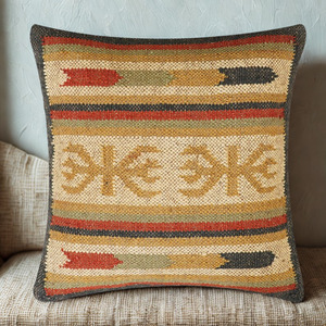 Square Woven Cotton Pillow With Striped Embroidery Pattern For Indoor Outdoor Use All Season Decorative <b>Cushion</b> - Product Image 1