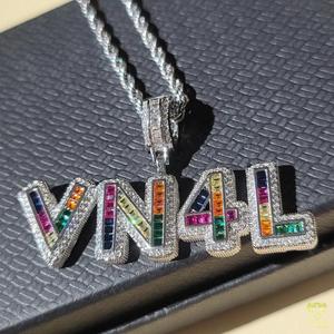 Luxury Rainbow Moissanite Diamond " VN4L " Letter Pendant With Rope <b>Chain</b> Full <b>Iced</b> <b>Out</b> Hip Hop Necklace - Product Image 1