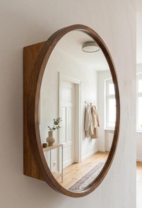Armoire murale de salle de bain en bois avec miroir rond et 3 étagères de rangement, quincaillerie en laiton, design moderne - Product Image 4