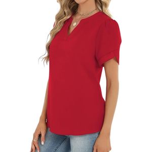 Graceful Plain Wine <b>Red</b> Slit Shirts Neck Flutter Short Sleeve High Quality Drape Summer Tunics <b>Women's</b> Chiffon Shirts - Product Image 3