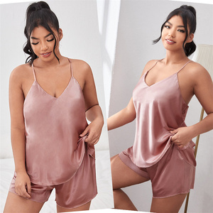 Pijama de satén para mujer, sin mangas, cuello en V, pantalones cortos negros lisos, cintura elástica, ropa de verano para estar en casa - Product Image 5