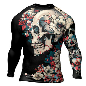 Men Long Sleeve Compression Rash Guard <b>Skull</b> Floral Print Quick Dry Polyester BJJ Shirt Full Sleeve Sublimation Rash Guard - Product Image 2