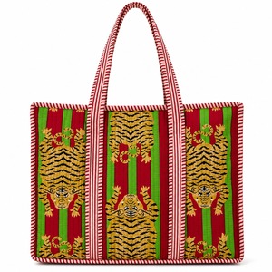 Handmade Bohemian Casual Tote Tiger Print Two <b>Straps</b> Cotton Canvas Zipper <b>Shoulder</b> <b>Bag</b> for Shopping Travel Beach - Product Image 1