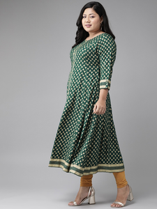 Kurta de Rayón Floral Verde Dorado al por Mayor, Talla Grande, Cuello Redondo, Mangas Tres Cuartos, Tela Premium - Product Image 5