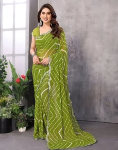 Sari en Georgette Imprimé Leheriya pour Femmes KV avec Blouse Non Cousue - Product Image 6