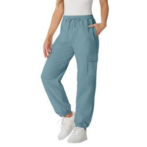Pantalon cargo gris pour femme, taille mi-haute, cordon de serrage, taille élastique, coupe ample, longueur complète, en coton, décontracté, avec poches - Product Image 2