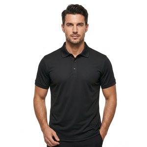 Polo à manches courtes pour homme, noir, 100% polyester, tricoté, respirant, couleur unie, coupe classique, boutons - Product Image 2