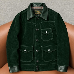 Veste en cuir de vachette suédée vintage pour homme, col rabattu, multi-poches, coupe classique, vêtement décontracté de style motard - Product Image 6
