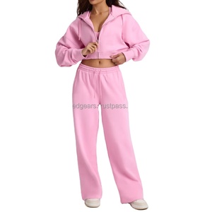 Conjunto de chándal de peso pesado personalizado pantalones de pierna ancha y Sudadera con capucha y cremallera conjunto de ropa de marca de lujo al por mayor conjunto deportivo de entrenamiento para mujer - Product Image 1