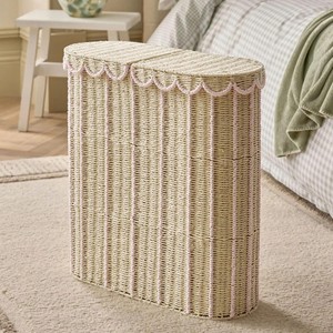 Pink Stripped Design Woven Seagrass Storage <b>Basket</b> With Cover <b>For</b> Bathroom And Bedroom Organization <b>Hamper</b> Handmade Vietnam - Product Image 1