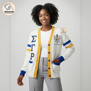 Vêtements grecs pour femmes, cardigan blanc et bleu Sigma Gamma Rho, manches longues, tricoté, col en V, style preppy, fermeture à boutons - Product Image 4