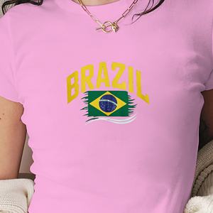 Camiseta corta de punto ajustada con estampado de bandera brasileña y texto Y2K para mujer - Product Image 3