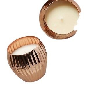 Copper Plated Metal Decorative Oval Shaped With Lines Design Candle <b>Jar</b> Home Decor Table Top - Product Image 1