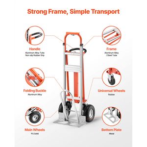 Carretilla de Mano Convertible 4 en 1, Capacidad de 450 kg, Modo de 4 Ruedas, Mango y Ruedas Antideslizantes, Carretilla de Aluminio para Mudanzas - Product Image 4