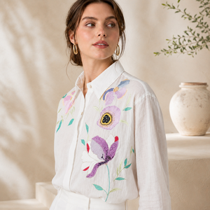 <b>Women</b> White Cotton Full Sleeve <b>Shirt</b> Colorful Floral Embroidery Button Down Casual <b>Dresses</b> Summer Blouse for B2B Wholesale - Product Image 3