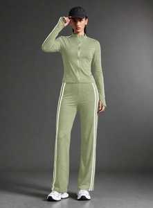 Ensemble de survêtement rayé vert olive pour femme, manches longues, demi-zip, coupe sportive, pantalon de jogging avec poches latérales - Product Image 2