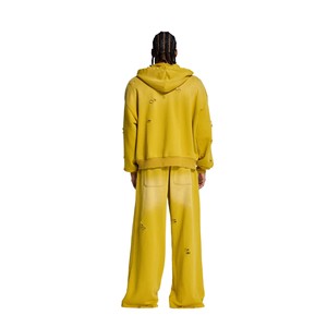 Conjunto de chándal amarillo para hombre con capucha y cremallera, estilo desgastado, corte holgado, cremallera completa, ropa urbana, color sólido, algodón, otoño - Product Image 2