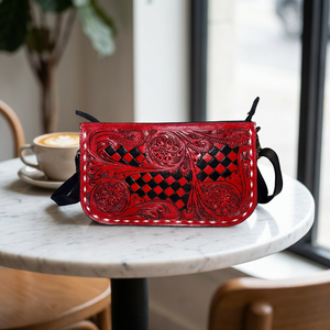Bolso de Hombro de Mujer 100% Cuero Genuino, Diseño Bohemio con Diamantes Rojos y Flores, Correa Única, Cierre de Cremallera, para Todas las Temporadas - Product Image 4