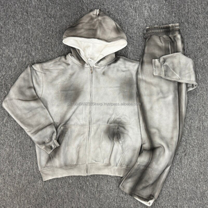 Sweat-shirts à capuche pour hommes en molleton lourd surdimensionné en coton vintage avec broderie usée personnalisée, lavage à l'acide, fermeture éclair, séchage rapide - Product Image 2