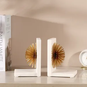 Luxury White Marble Art Deco Engraved Bookends with Gold Starburst Accents for Home Office & <b>Library</b> Display - Product Image 5