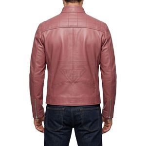 Veste en cuir pour homme rose poudré moderne avec fermeture éclair verticale, col bandoulière respirant, style unique, streetwear tendance - Product Image 2