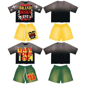 Ensemble streetwear graphique personnalisé : T-shirt imprimé dessin animé et short délavé à l'acide – Ensemble d'été 2 pièces décontracté en 100 % coton (chemise et short) - Product Image 4