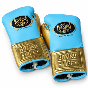 Gants d'entraînement en cuir bleu ciel et or de haute qualité professionnels, respirants, unisexes, fabriqués au Pakistan, sans lacets, « No Boxing No Life » - Product Image 5