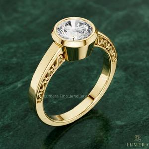White Round Diamond Bezel <b>Set</b> Gold <b>Ring</b> for <b>Women</b> | Elegant Engagement Fine Jewelry - Product Image 3