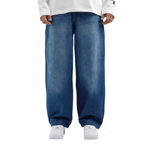 Jeans décontractés pour hommes, taille mi-haute, coupe ample, en denim bleu foncé, évasés à jambe large, respirants, teint uni, pour hommes et femmes, Fabricant - Product Image 1