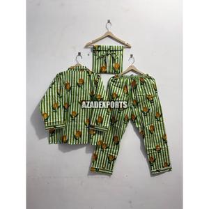 Conjunto de pijama de estilo romántico térmico de algodón con estampado de limones y rayas verdes para mujer, ropa de dormir de manga larga con cintura elástica y largo completo - Product Image 3