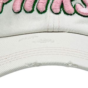 White Distressed Denim Baseball <b>Cap</b> with Pink Chenille Letter Patch Adjustable <b>Vintage</b> Casual Outdoor Fashion Unisex Hat Wear - Product Image 6
