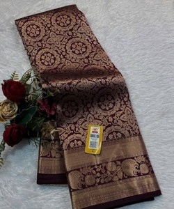 Sari tradicional indio de seda con estampado floral y borde para bodas, sari largo hasta el suelo para mujer - Product Image 5