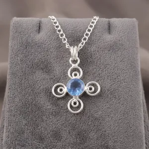 Collier pendentif en argent sterling 925 plaqué, avec tanzanite bleue taille ronde, bijou romantique pour homme et femme - Product Image 1